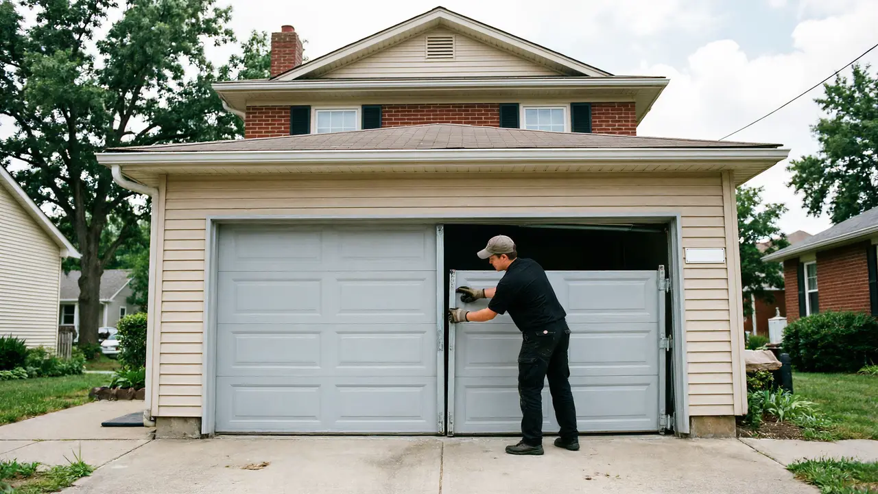 Two installers unpacking a new garage door kit and reading the instructions on a driveway