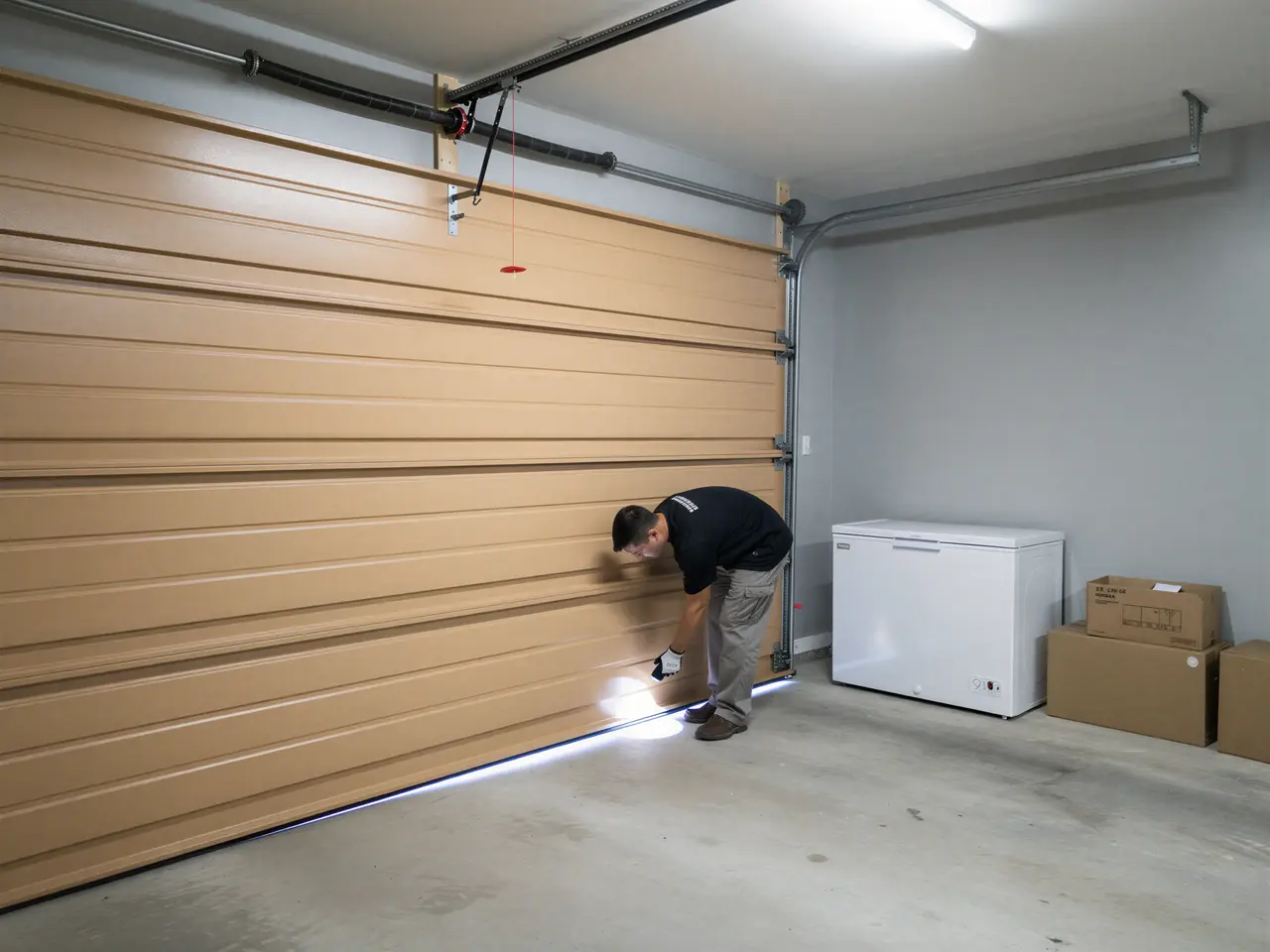 A technician inspects the bottom of a tan garage door in a garage.