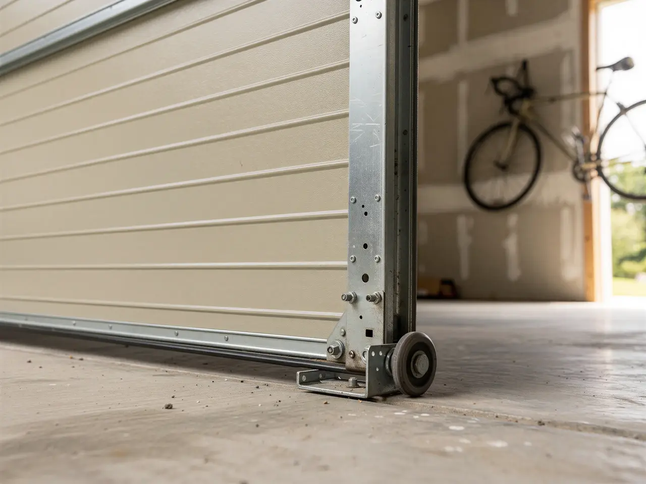 A beige garage door is partially open, showing a roller and track.